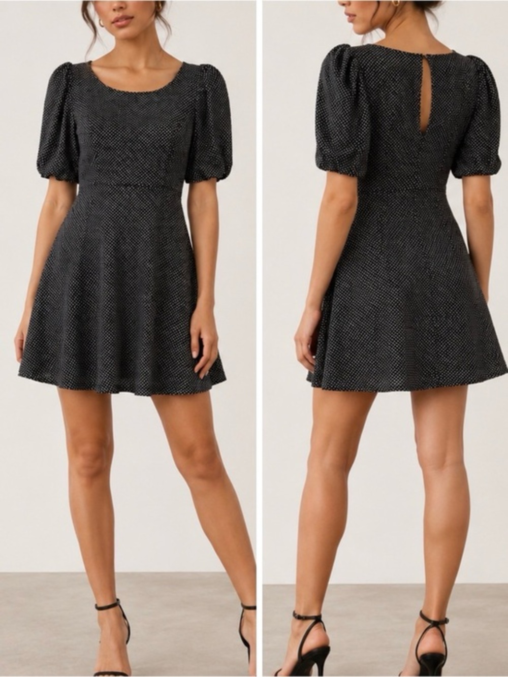 Free People Penelope Puff Sleeve Polka Dot Black Fit & Flare Mini Dress